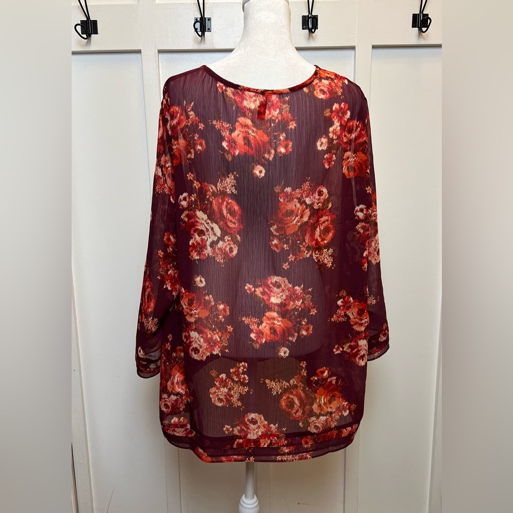 Kut From The Kloth Size XXL Sheer Floral Blouse Red Balloon Sleeve Peasant Top - Picture 7 of 10